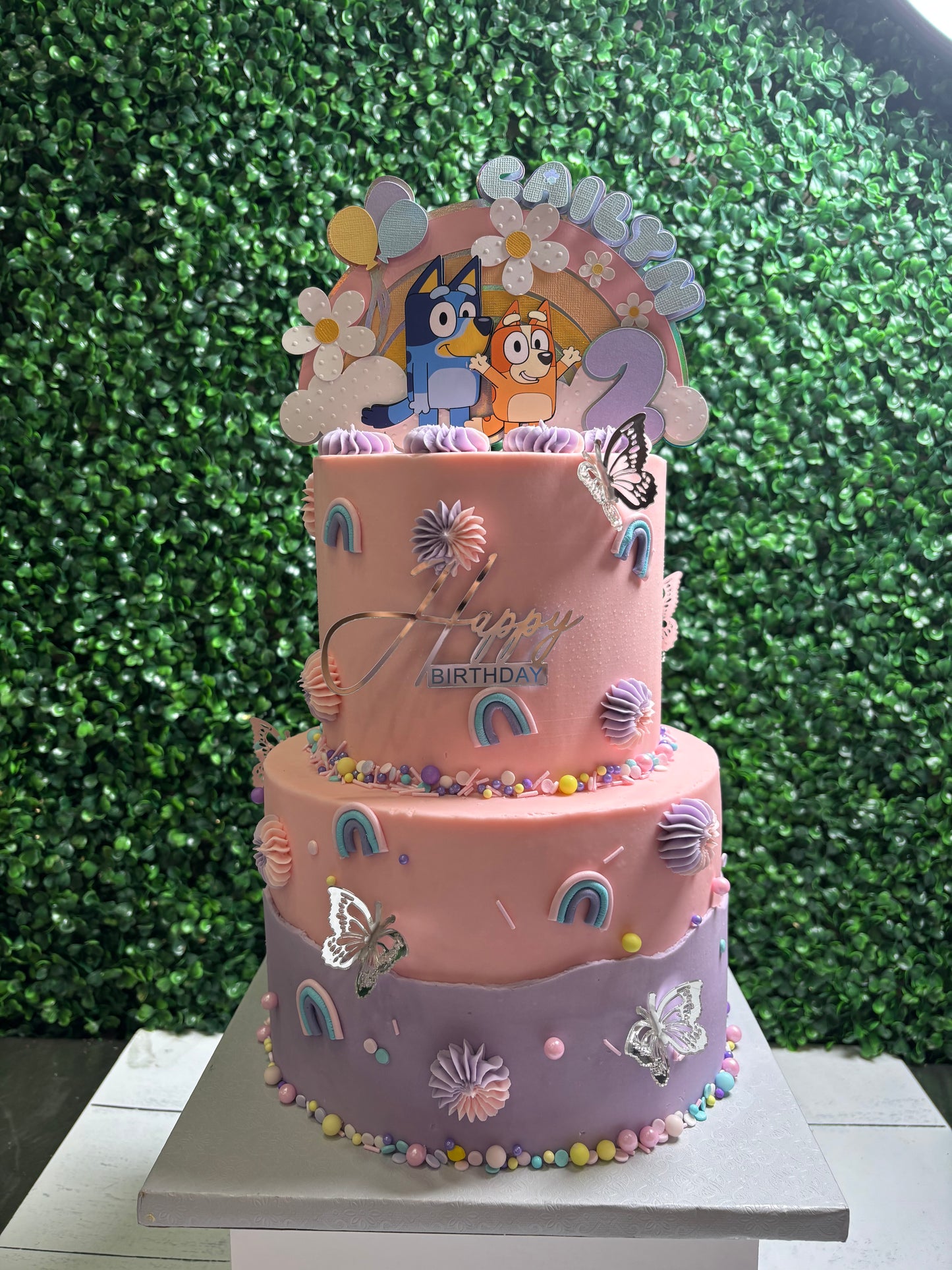 Three-tiered birthday cake with cartoon character Bluey topper against a green leafy background